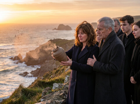 Woman scattering ashes at sunset on cliffside with mourners nearby  