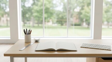 Fototapeta premium Desk setup with open book and art supplies near window with nature view