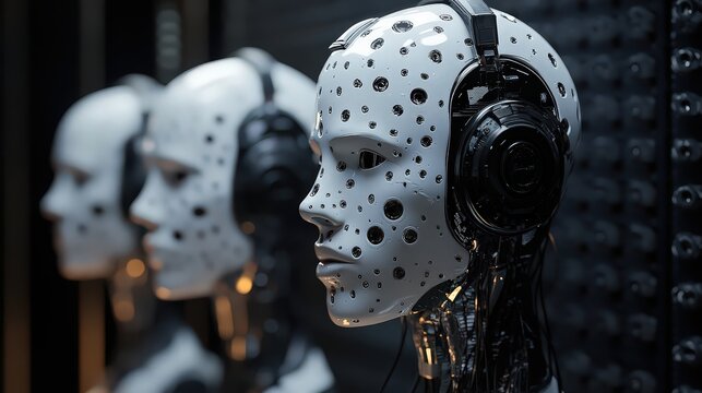 Three futuristic android heads wearing headphones in a high tech laboratory environment with intricate dark wiring