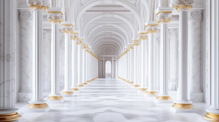 Fototapeta premium Ornate hallway with white marble columns and gold accents. Ideal for architecture, history, luxury, or wedding themes.