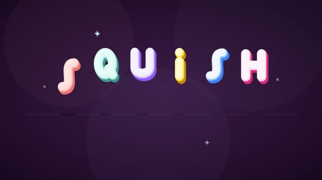 Animated colorful squishy letters spelling squish on purple background