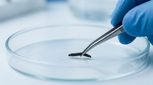 Scientist using metal tweezers to carefully handle a small dark insect larva inside a clear glass petri dish in a sterile laboratory environment