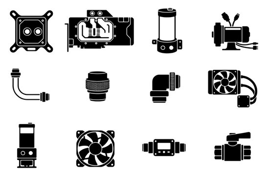 Computer water cooling system icons, 12 liquid cooling hardware components vector set, PC thermal management parts in black silhouette