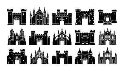 Medieval castle gate icons set, 15 black silhouette fortress entrance vectors, gothic architecture stone towers and palace portals © Asset Aura