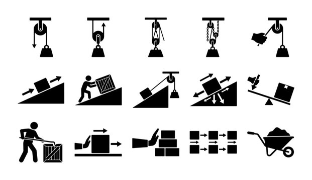 Simple machines physics icons set, 15 mechanical advantage diagrams, pulley and lever system vector illustrations, industrial lifting and force icons