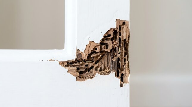 Severe termite damage on a white wooden door frame showing intricate tunnels and wood destruction caused by wood-boring insect pest infestation