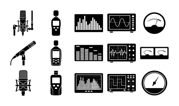 Professional audio equipment icons set, black studio microphone and sound level meter vectors, recording studio gear and oscilloscope displays