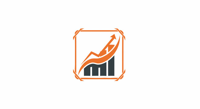 Financial growth logo icon with upward arrow and bar chart in orange and black.
