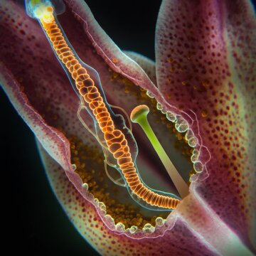 Microscopic close up of pollen tube germination during plant fertilization process in vibrant biological illustration style