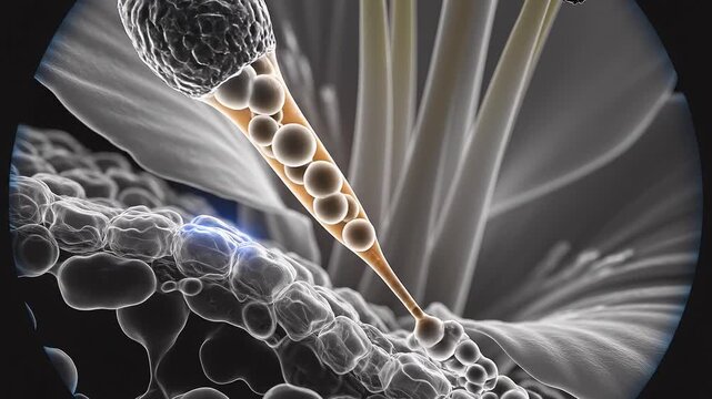 Microscopic view of pollen tube germination and fertilization process on a flower stigma surface in a detailed scientific study