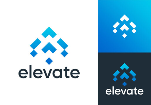 elevate logo design. arrow growth with transform square pixel digital icon vector concept