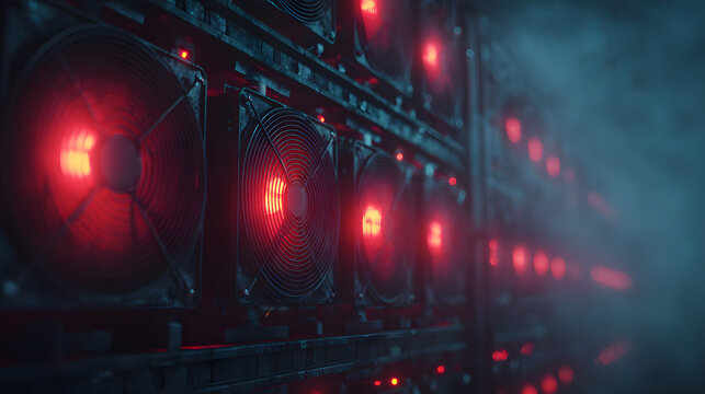 Wall of red illuminated server fans in a cryptocurrency mining farm with hazy, dark atmosphere.