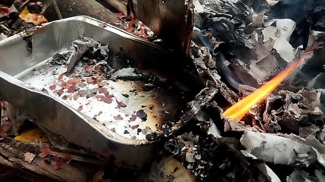 High angle close up view of a small flame burning inside a metal container filled with charred trash.