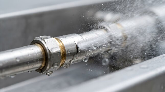 Water leaking from a cracked metal plumbing pipe with brass fittings, household plumbing failure, water waste, home maintenance, close up view