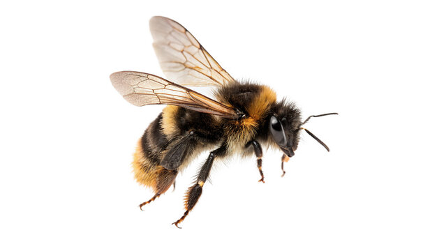 Detailed macro view of a furry honey bee flying isolated on transparent background cut out