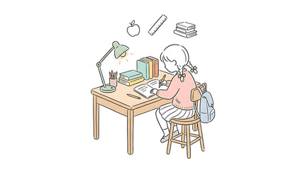 Fototapeta premium Girl studying at desk with books and lamp