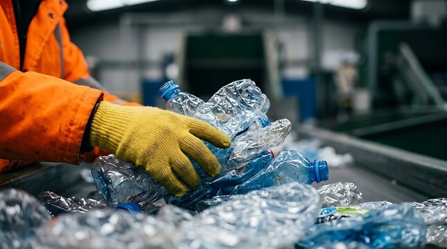 Worker wearing yellow protective gloves sorting crushed plastic bottles on a conveyor belt at a recycling facility for sustainability