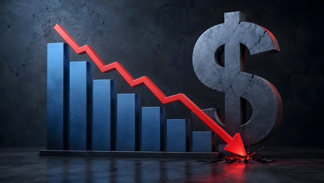 Financial crisis concept with blue downward bar chart and red arrow crashing through floor near stone dollar sign