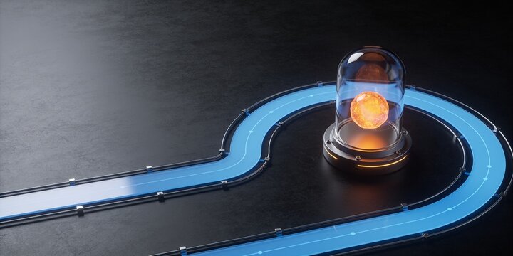 Incident Containment and Protected Operations Concept with Glowing Core in Transparent Pod, Blue Process Route and Dark Technology Copyspace Background