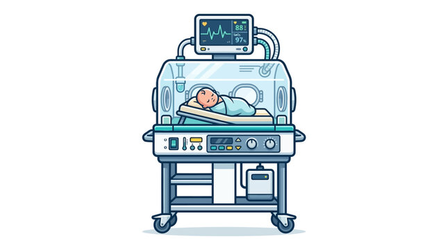 Newborn baby in incubator care unit.