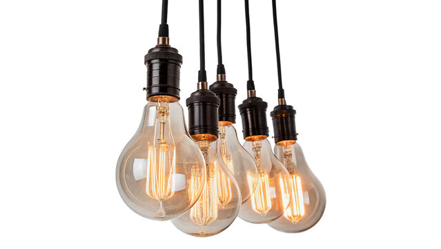 Group of vintage clear glass incandescent light bulbs hanging isolated on transparent background cut out