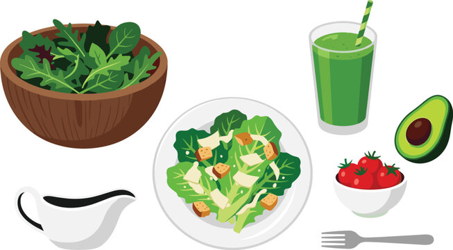 Healthy Salad and Green Smoothie Food Set Vector Illustration Featuring Caesar Salad Plate, Mixed Greens Wooden Bowl, Avocado, Cherry Tomatoes, and Dressing Boat