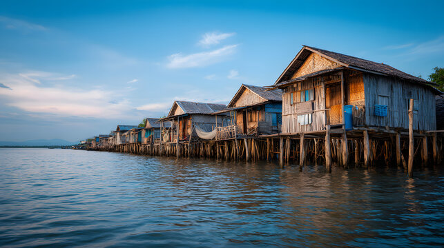 Wooden stilt houses perched above calm water in Southeast Asia village.