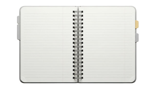 Open spiral bound notebook with lined pages isolated on transparent background