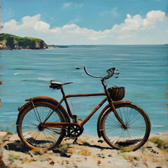 Fototapeta premium Red bicycle parked on sandy beach with ocean view.