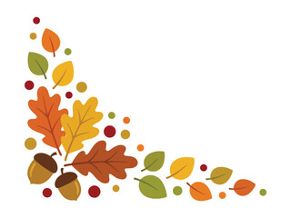 Colorful autumn leaves and acorns corner border frame design with falling foliage elements © azad
