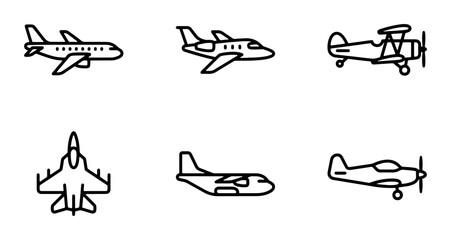 Airplane Icons Set: Commercial Jet, Private Jet, Biplane, Fighter Jet, Cargo Plane, Propeller Aircraft © Mahmudul