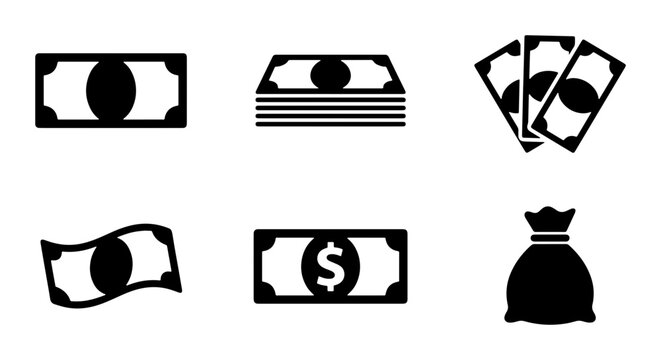 Money Icons Set: Cash, Banknotes, Dollar Symbol, Money Bag, Financial Wealth Icons