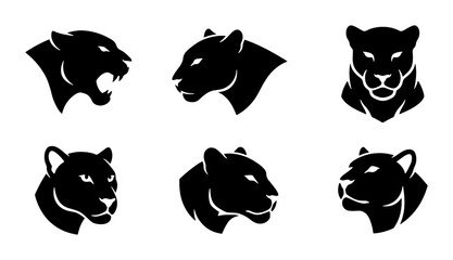 Black Panther Head Icons, Wild Cat Vector Graphics, Feline Silhouette Set, Powerful Animal Emblems © Mahmudul