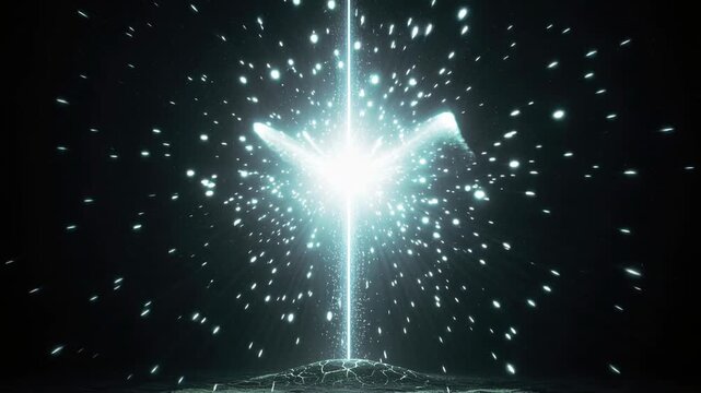 Light beam spotlight glowing abstract energy breakthrough success achievement with sparkling dust particles in dark space symbolizing rising beam