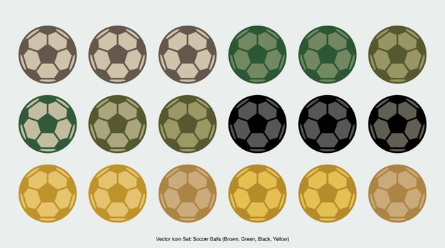Minimalist soccer ball icon grid, hexagonal pattern variations, modern vector set, adaptable for UI, sport design, clarity, balance.