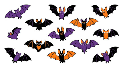 Obraz premium Collection of various cartoon bats in orange and purple for halloween celebration and spooky decor with halloween