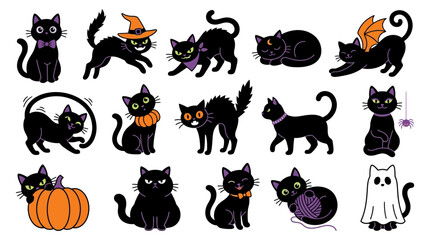 Obraz premium Halloween cat and pumpkin character icon set with halloween collection illustration creature mysterious festival