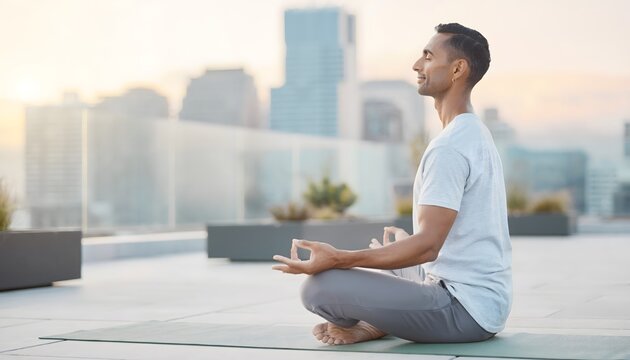 Hombre joven meditando sentado en una azotea urbana con edificios modernos desenfocados al fondo