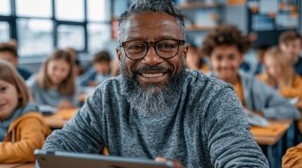 Fototapeta premium Teacher Using AI Learning Tools in Modern Classroom