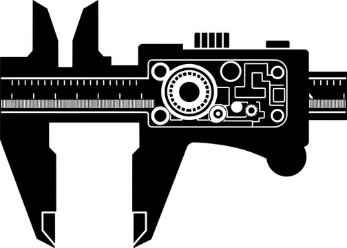 Digital vernier caliper silhouette with internal mechanical gear system.