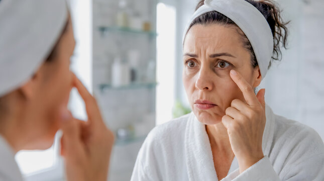 Woman in bathrobe examining under eye skin with concern in mirror