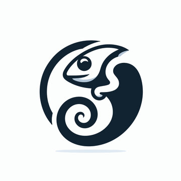 A stylized, circular logo featuring a chameleon's head and spiraling body in a dark blue and white design.