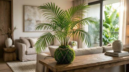 Fototapeta premium Kokedama Palm Plant on Wooden Table in Bright Living Room Interior
