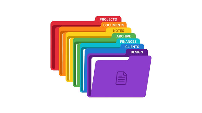 Colorful file folder icons, rainbow folders, label tabs, organization set, vector graphics