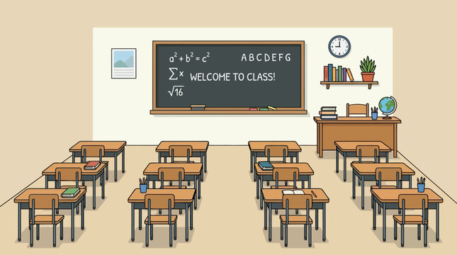 Classroom, school desks, educational setting, vector illustration, blackboard, teaching tools