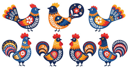 Collection of six unique folk art icons featuring traditional hand-drawn motifs, floral patterns, and ethnic symbols in a rustic bohemian style isolated on a white background. © simanjutak