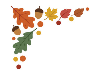 Colorful autumn leaves and acorns border corner design with various fall foliage elements © azad