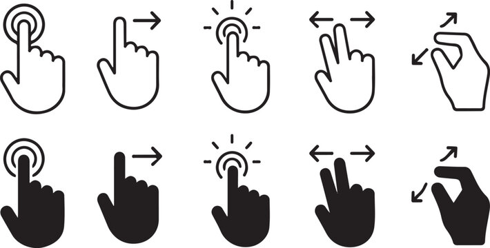 Touch screen gesture icons set showing finger movements and interactions.