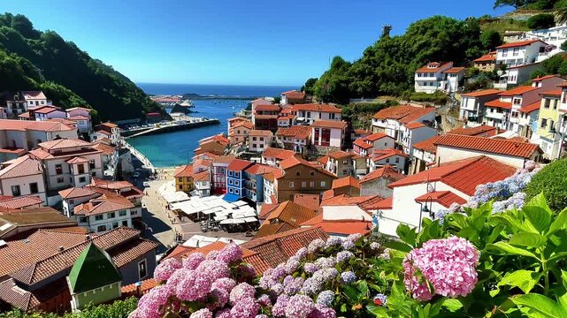Scenic view of Cudillero coastal village with flowers in Asturias Spain