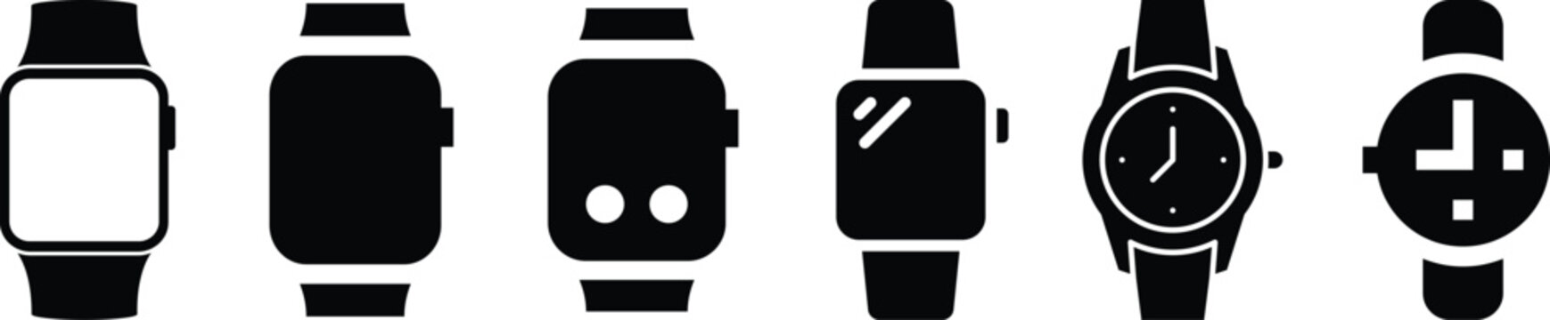 Set of smart watch icons including digital and analog styles for tech interface design.